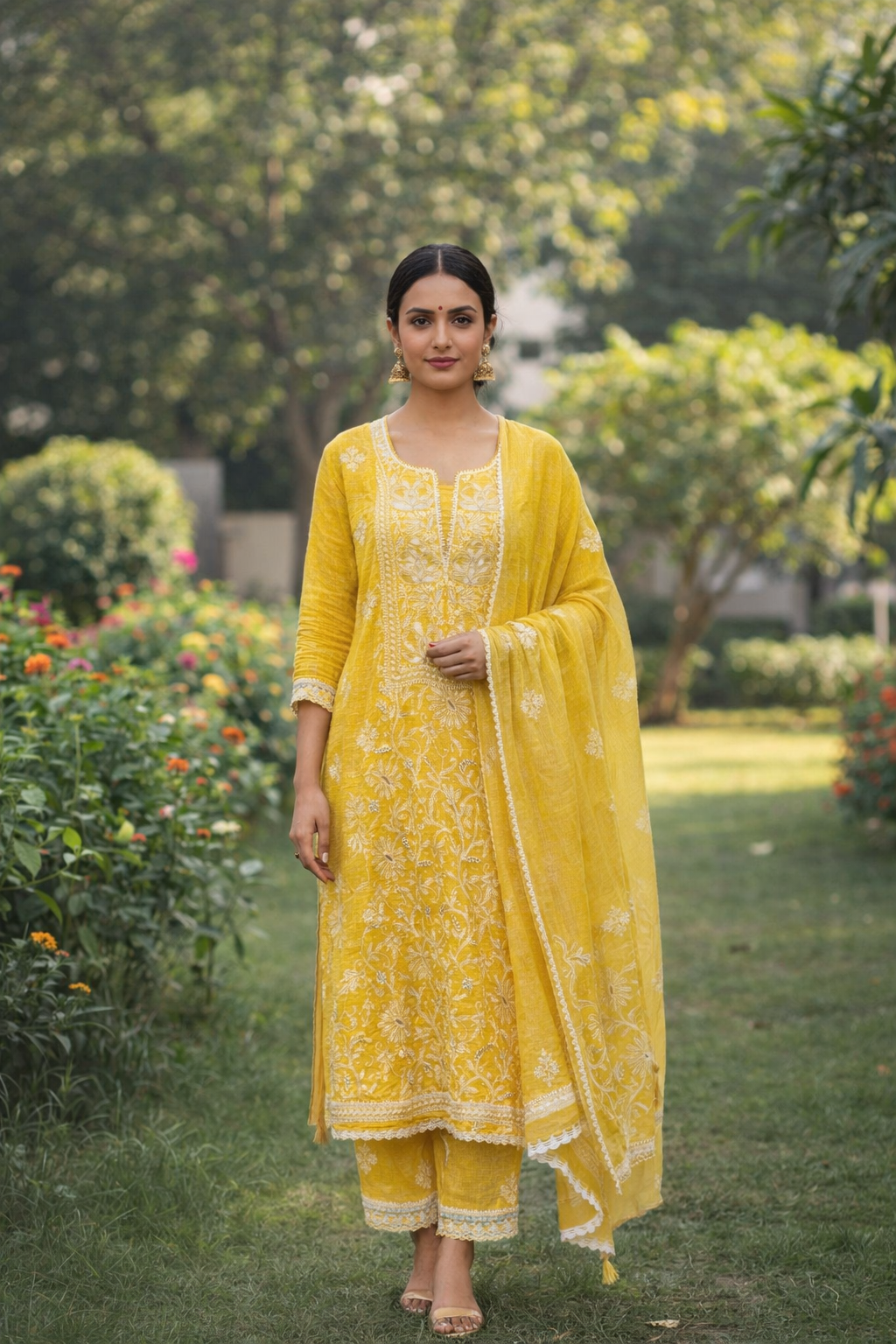 Yellow Kota Unstitched Chikankari & Pearl Festive 2 pc Suit Set