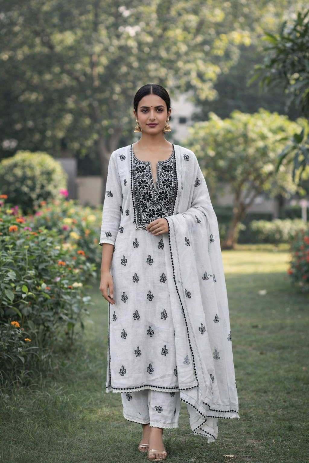 Akanksha Unstitched White & Black Chikankari 2 pc Kurta Set