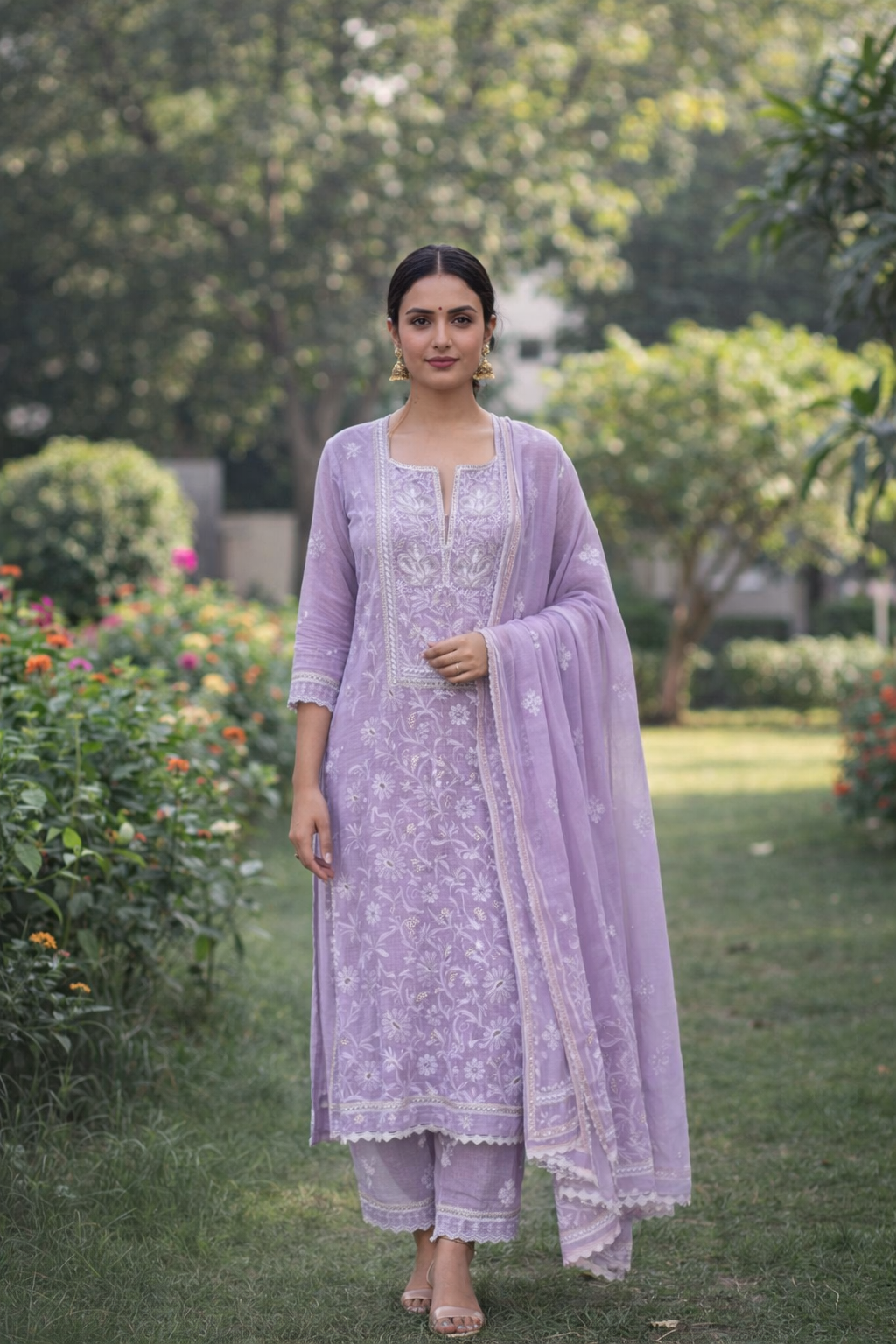 Lavender Kota Unstitched Chikankari & Pearl Festive 2 pc Suit Set