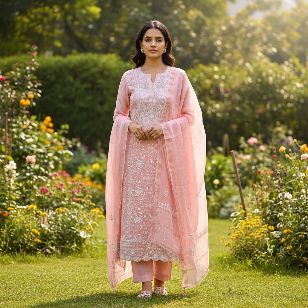 Peach Mul Chanderi Unstitched Chikankari & Pearl Festive 2 pc Suit Set