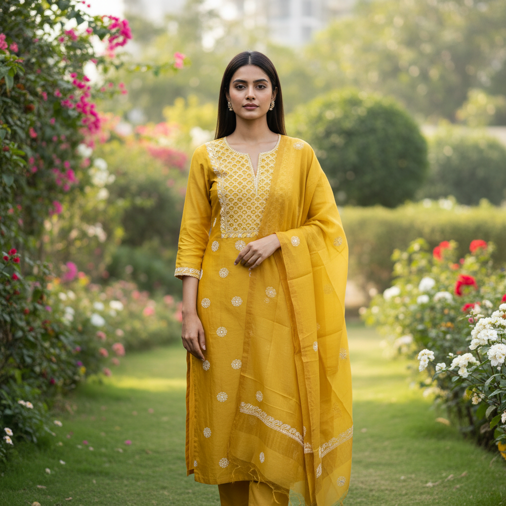 Sanchita Mustard Chikankari 2 pc unstitched Kurta set with Mukaish work