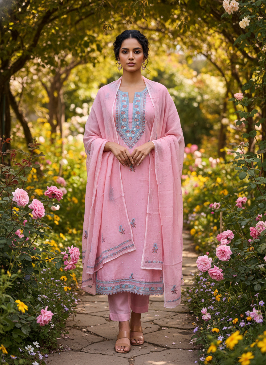 Pink Mul Chanderi Unstitched Fine Chikankari & Pearl Festive 2 pc  Suit Set