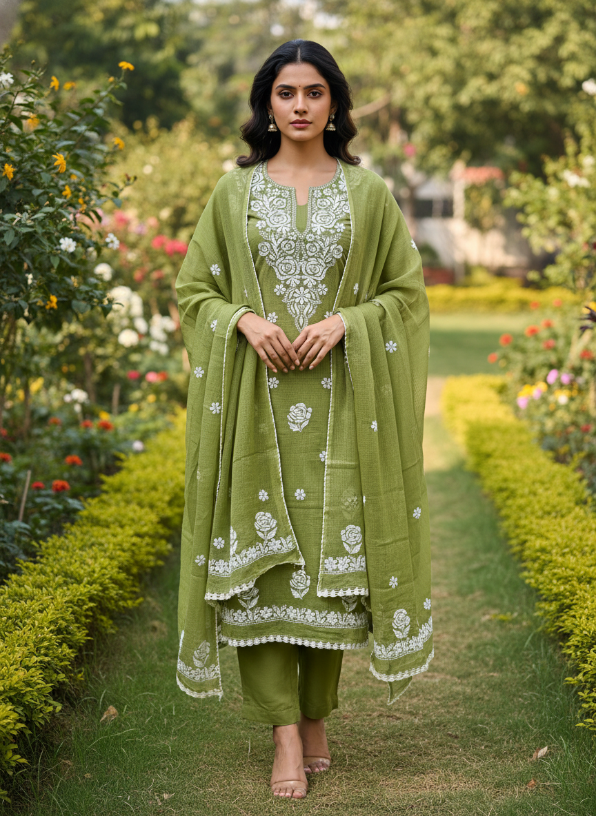 Ena Green Unstitched Chikankari 2 pc Suit Set