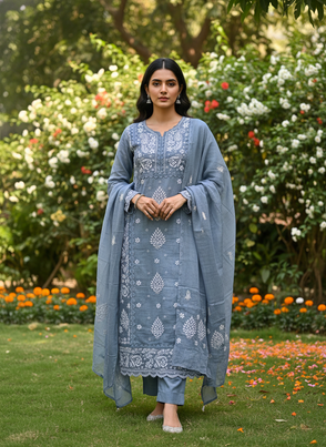 Anupama Cool Grey Unstitched Chikankari & Applique 2 pc Suit Set