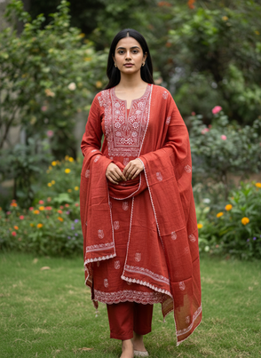 Akanksha Rust Orange Unstitched Chikankari 2 pc Kurta Set