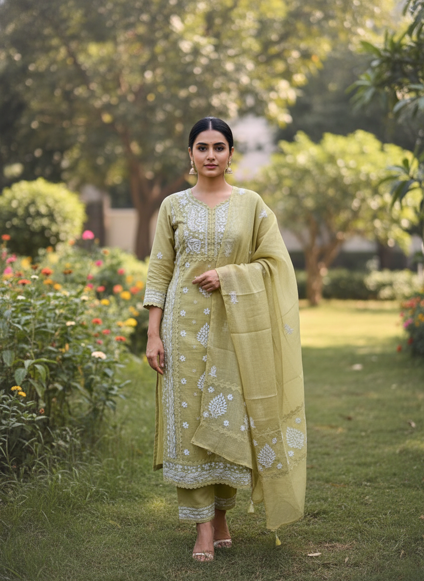Anupama Lime Unstitched Chikankari & Applique 2 pc Suit Set