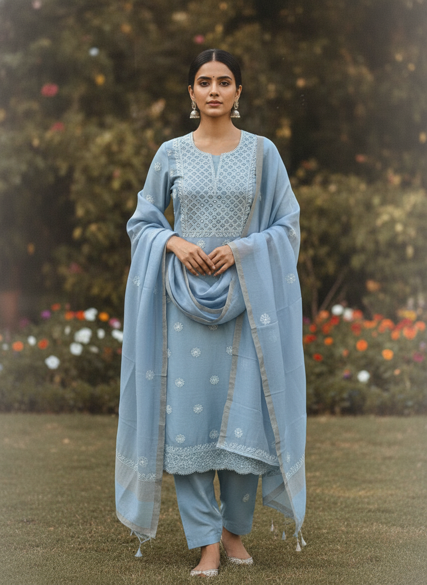 Sanchita Powder-blue Chikankari 2 pc Kurta set with Mukaish work